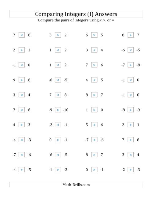 The Comparing Integers in Close Proximity from -9 to 9 (I) Math Worksheet Page 2