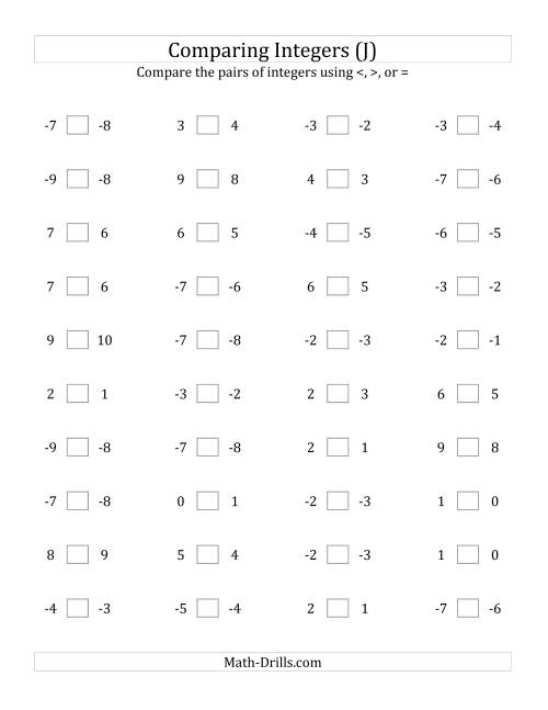 The Comparing Integers in Close Proximity from -9 to 9 (J) Math Worksheet