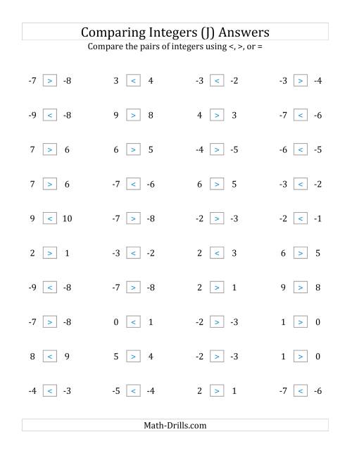 The Comparing Integers in Close Proximity from -9 to 9 (J) Math Worksheet Page 2