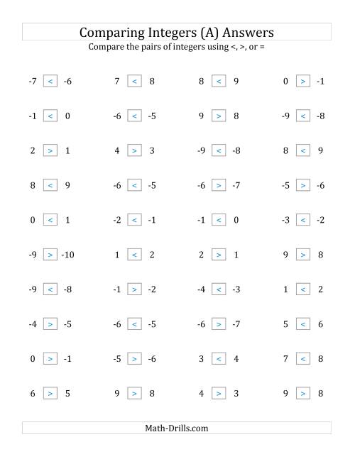 The Comparing Integers in Close Proximity from -9 to 9 (All) Math Worksheet Page 2