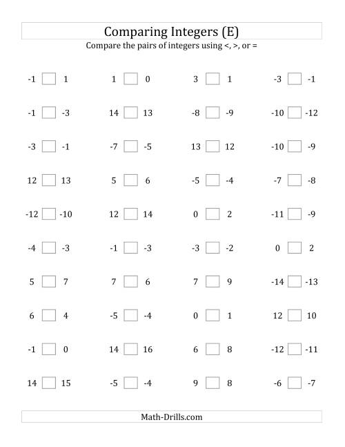 The Comparing Integers in Close Proximity from -15 to 15 (E) Math Worksheet