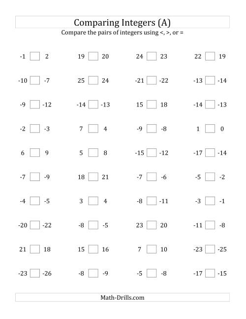The Comparing Integers in Close Proximity from -25 to 25 (A) Math Worksheet
