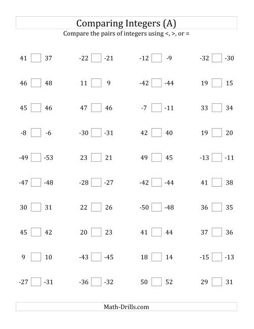 The Comparing Integers in Close Proximity from -50 to 50 (A) Math Worksheet