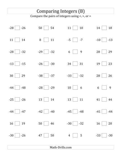 The Comparing Integers in Close Proximity from -50 to 50 (B) Math Worksheet