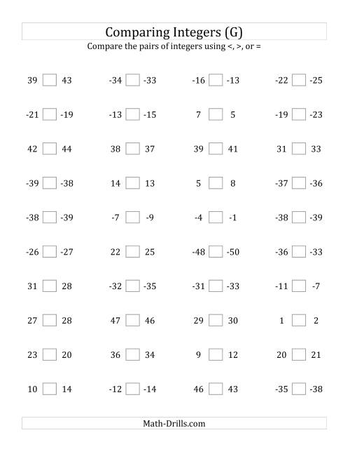 The Comparing Integers in Close Proximity from -50 to 50 (G) Math Worksheet