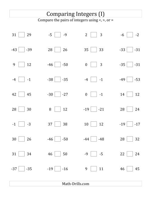 The Comparing Integers in Close Proximity from -50 to 50 (I) Math Worksheet