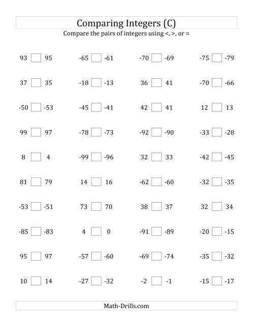 The Comparing Integers in Close Proximity from -99 to 99 (C) Math Worksheet