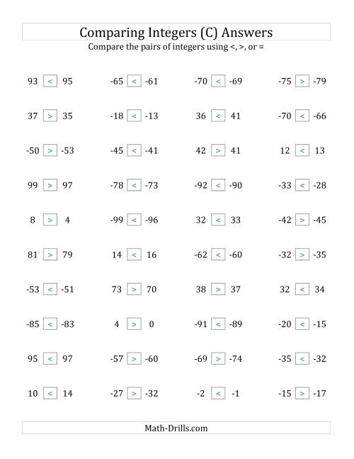 The Comparing Integers in Close Proximity from -99 to 99 (C) Math Worksheet Page 2