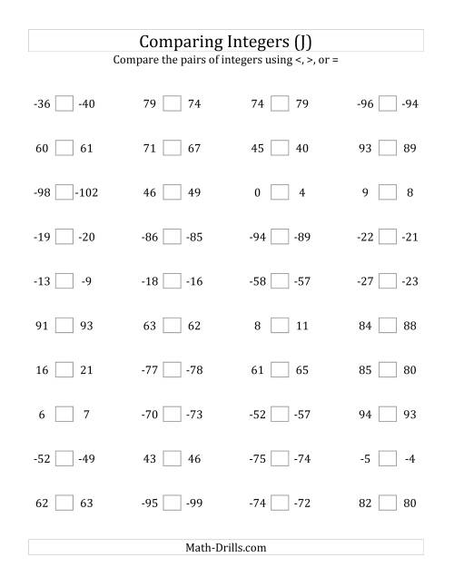 The Comparing Integers in Close Proximity from -99 to 99 (J) Math Worksheet
