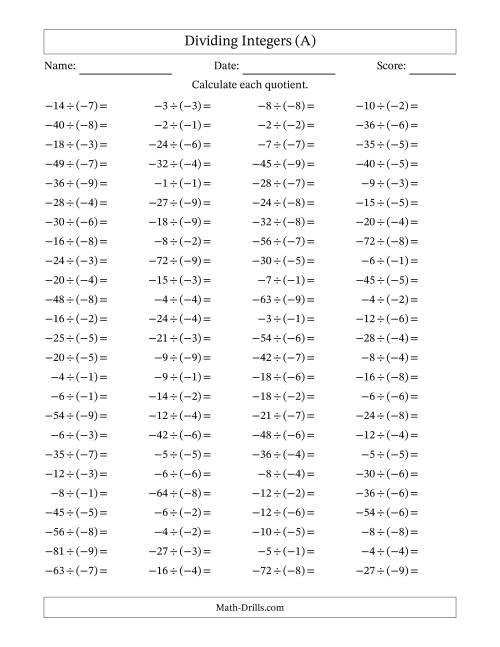 The Dividing Negative by Negative Integers from -9 to 9 (100 Questions) (A) Math Worksheet