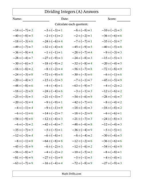 The Dividing Negative by Negative Integers from -9 to 9 (100 Questions) (A) Math Worksheet Page 2