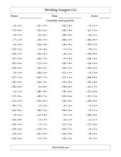 Dividing Negative by Positive Integers from -9 to 9 (100 Questions)