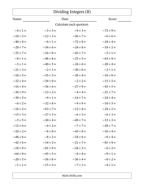 The Dividing Negative by Positive Integers from -9 to 9 (100 Questions) (B) Math Worksheet