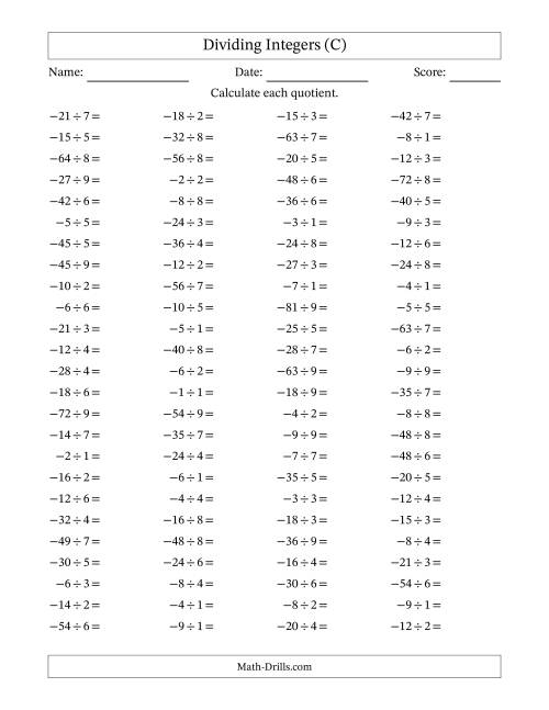 The Dividing Negative by Positive Integers from -9 to 9 (100 Questions) (C) Math Worksheet