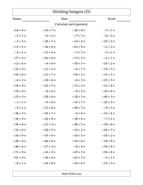 The Dividing Negative by Positive Integers from -9 to 9 (100 Questions) (D) Math Worksheet