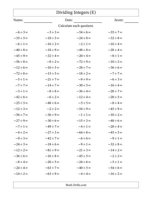 The Dividing Negative by Positive Integers from -9 to 9 (100 Questions) (E) Math Worksheet