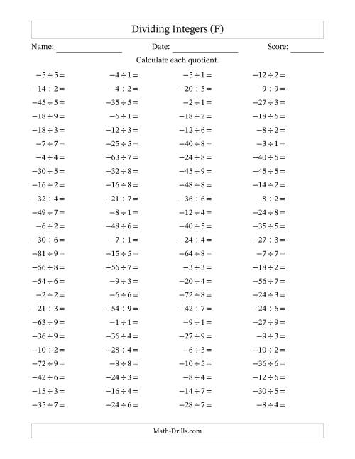 The Dividing Negative by Positive Integers from -9 to 9 (100 Questions) (F) Math Worksheet