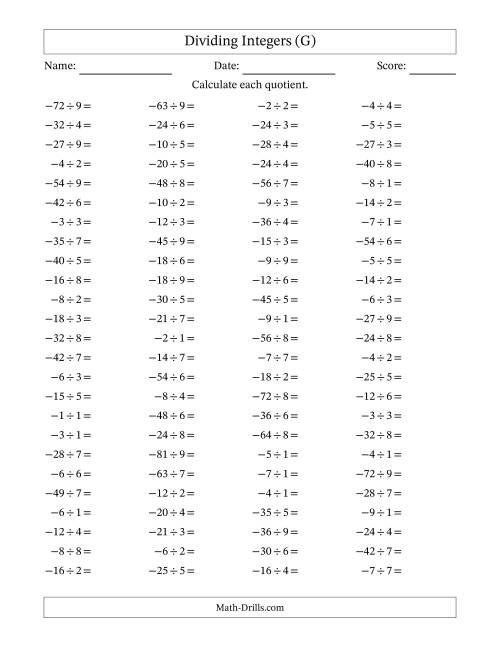 The Dividing Negative by Positive Integers from -9 to 9 (100 Questions) (G) Math Worksheet