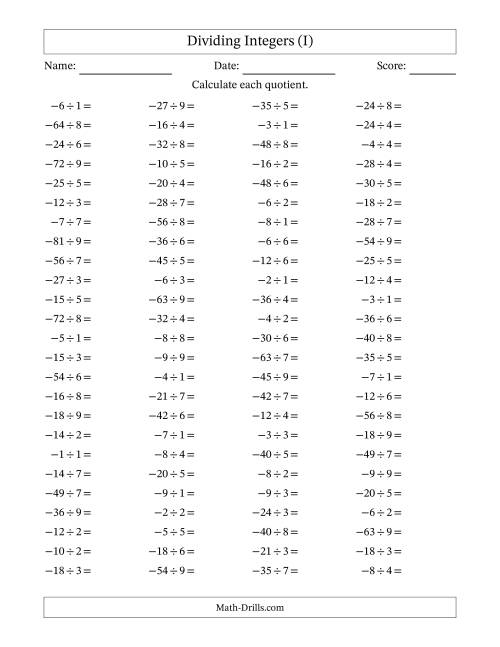The Dividing Negative by Positive Integers from -9 to 9 (100 Questions) (I) Math Worksheet