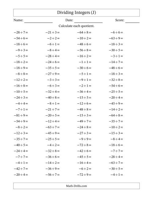 The Dividing Negative by Positive Integers from -9 to 9 (100 Questions) (J) Math Worksheet