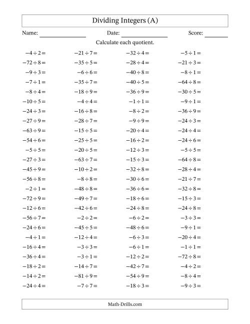 The Dividing Negative by Positive Integers from -9 to 9 (100 Questions) (All) Math Worksheet