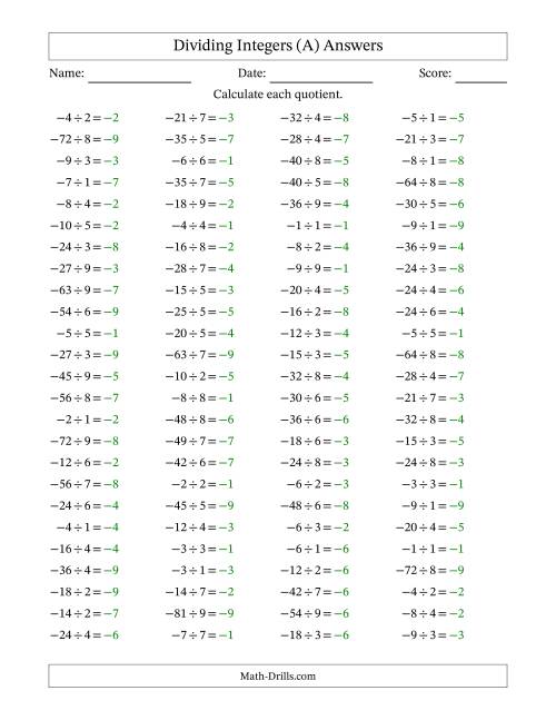 The Dividing Negative by Positive Integers from -9 to 9 (100 Questions) (All) Math Worksheet Page 2