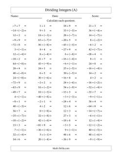 grade 6 math worksheets integers