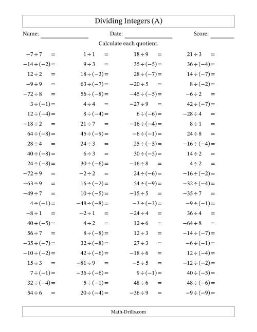 The Dividing Mixed Integers from -9 to 9 (100 Questions) (A) Math Worksheet
