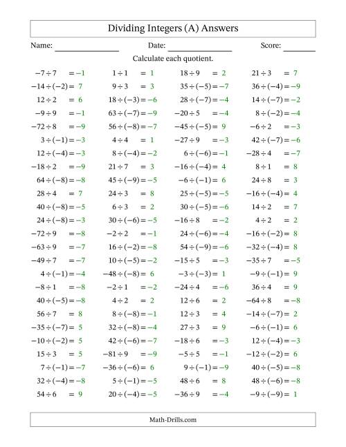 The Dividing Mixed Integers from -9 to 9 (100 Questions) (A) Math Worksheet Page 2