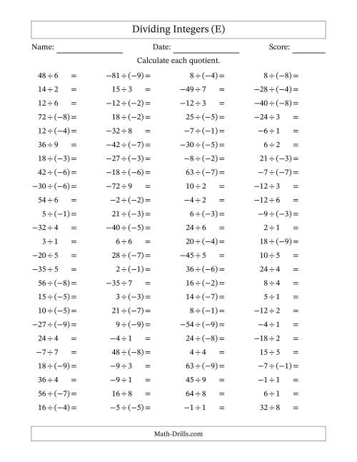 The Dividing Mixed Integers from -9 to 9 (100 Questions) (E) Math Worksheet