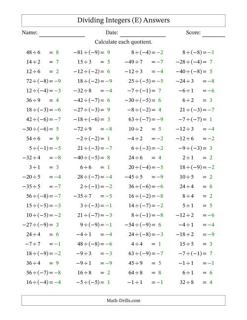 The Dividing Mixed Integers from -9 to 9 (100 Questions) (E) Math Worksheet Page 2