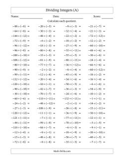Dividing Negative by Negative Integers from -12 to 12 (100 Questions)
