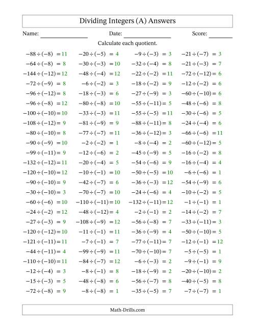 The Dividing Negative by Negative Integers from -12 to 12 (100 Questions) (A) Math Worksheet Page 2