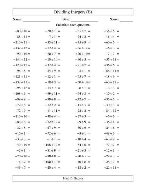 The Dividing Negative by Positive Integers from -12 to 12 (100 Questions) (B) Math Worksheet