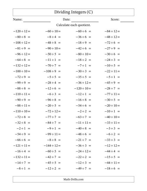 The Dividing Negative by Positive Integers from -12 to 12 (100 Questions) (C) Math Worksheet