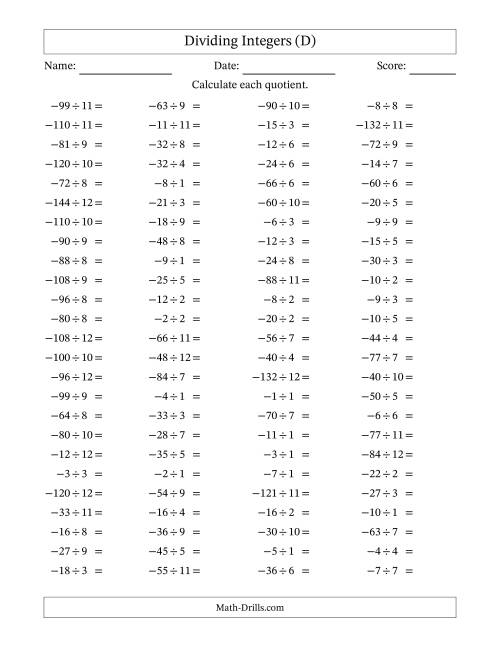 The Dividing Negative by Positive Integers from -12 to 12 (100 Questions) (D) Math Worksheet