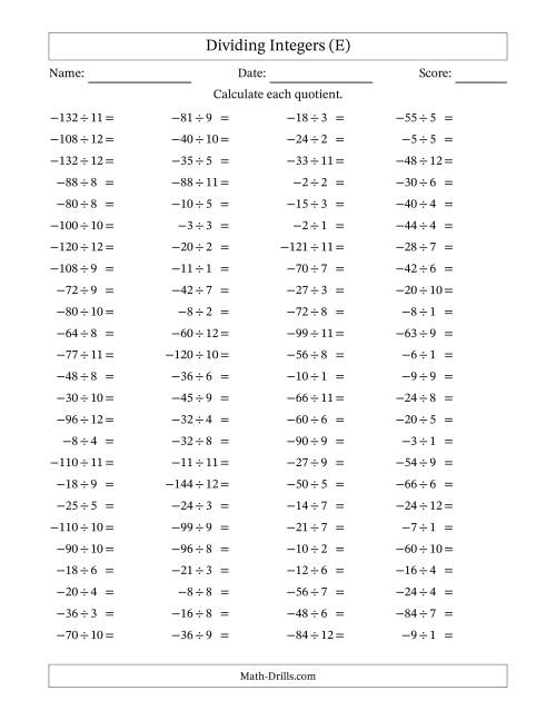 The Dividing Negative by Positive Integers from -12 to 12 (100 Questions) (E) Math Worksheet