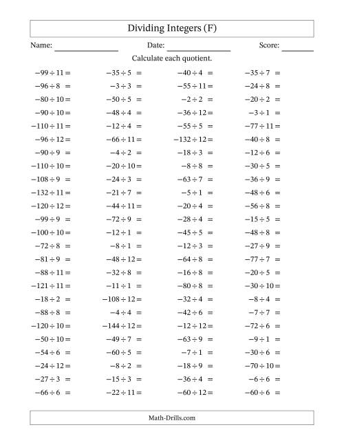 The Dividing Negative by Positive Integers from -12 to 12 (100 Questions) (F) Math Worksheet