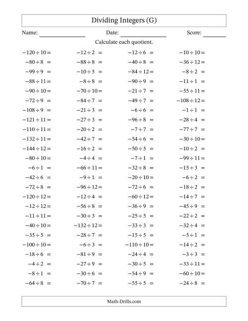 The Dividing Negative by Positive Integers from -12 to 12 (100 Questions) (G) Math Worksheet