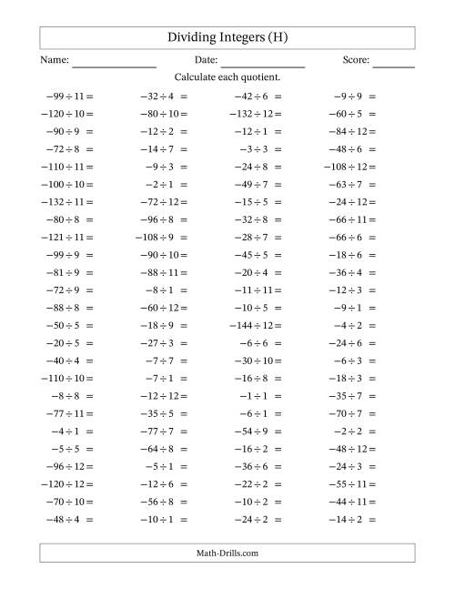 The Dividing Negative by Positive Integers from -12 to 12 (100 Questions) (H) Math Worksheet