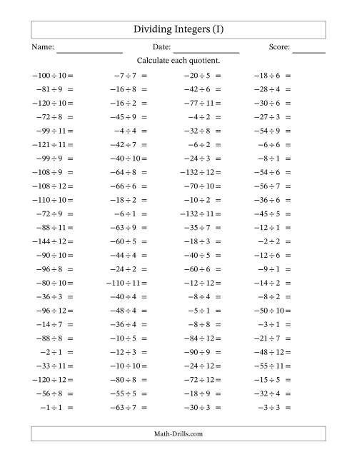 The Dividing Negative by Positive Integers from -12 to 12 (100 Questions) (I) Math Worksheet