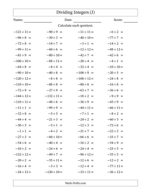 The Dividing Negative by Positive Integers from -12 to 12 (100 Questions) (J) Math Worksheet