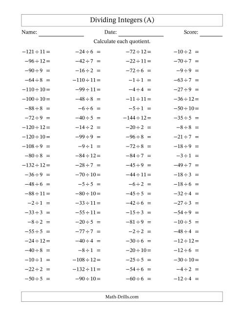 The Dividing Negative by Positive Integers from -12 to 12 (100 Questions) (All) Math Worksheet