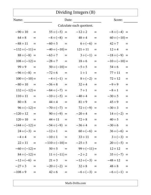 The Dividing Mixed Integers from -12 to 12 (100 Questions) (B) Math Worksheet