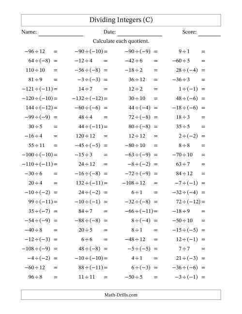 The Dividing Mixed Integers from -12 to 12 (100 Questions) (C) Math Worksheet
