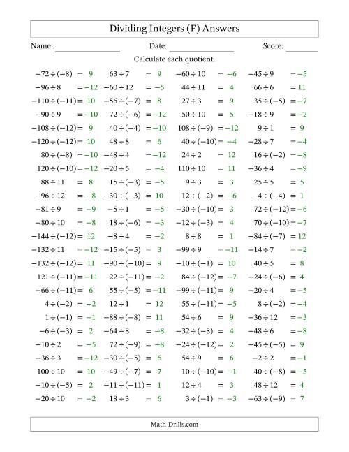 The Dividing Mixed Integers from -12 to 12 (100 Questions) (F) Math Worksheet Page 2