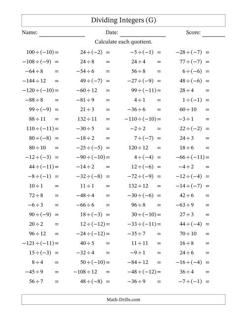 The Dividing Mixed Integers from -12 to 12 (100 Questions) (G) Math Worksheet