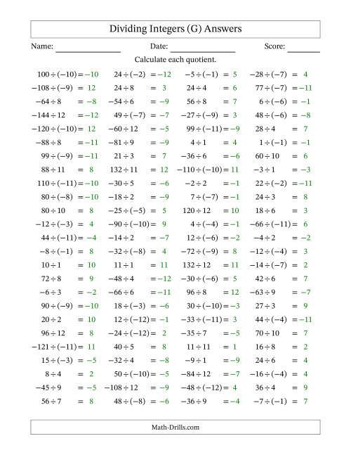 The Dividing Mixed Integers from -12 to 12 (100 Questions) (G) Math Worksheet Page 2