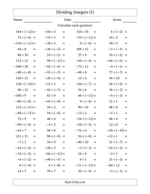 The Dividing Mixed Integers from -12 to 12 (100 Questions) (I) Math Worksheet