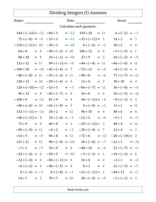 The Dividing Mixed Integers from -12 to 12 (100 Questions) (I) Math Worksheet Page 2